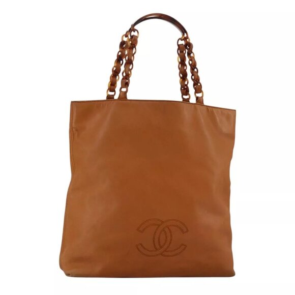 CHANEL Chain Tote Bag Leather Brown CC Auth - Picture 1 of 16